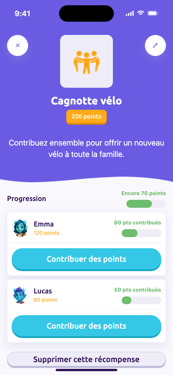 Récompense collective avec des points contribué par chaque enfant