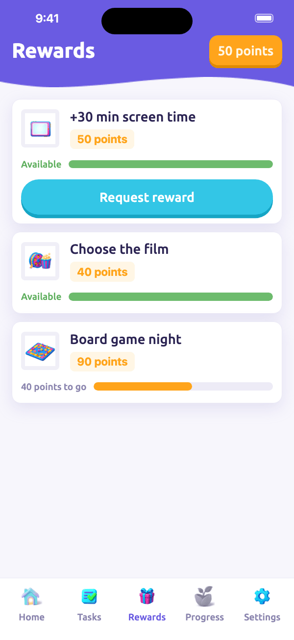 Child phone: +30 min screen time available, with a Request reward button