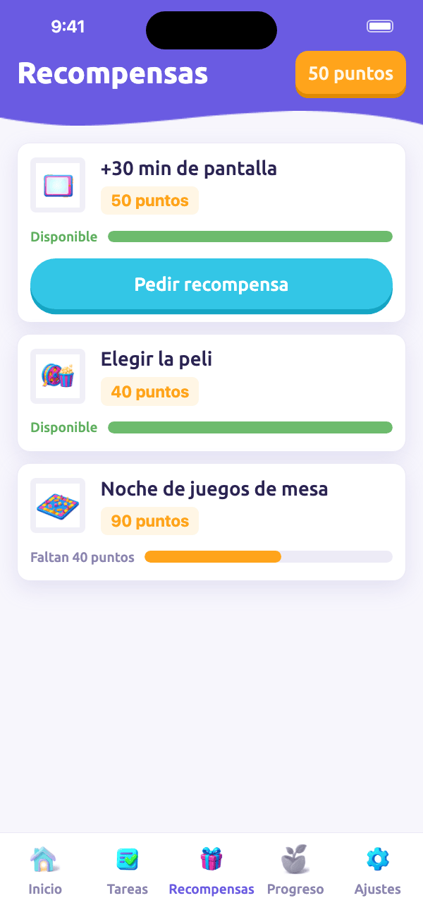 Teléfono del niño: +30 min de tiempo de pantalla disponible, con un botón de recompensa de Solicitud