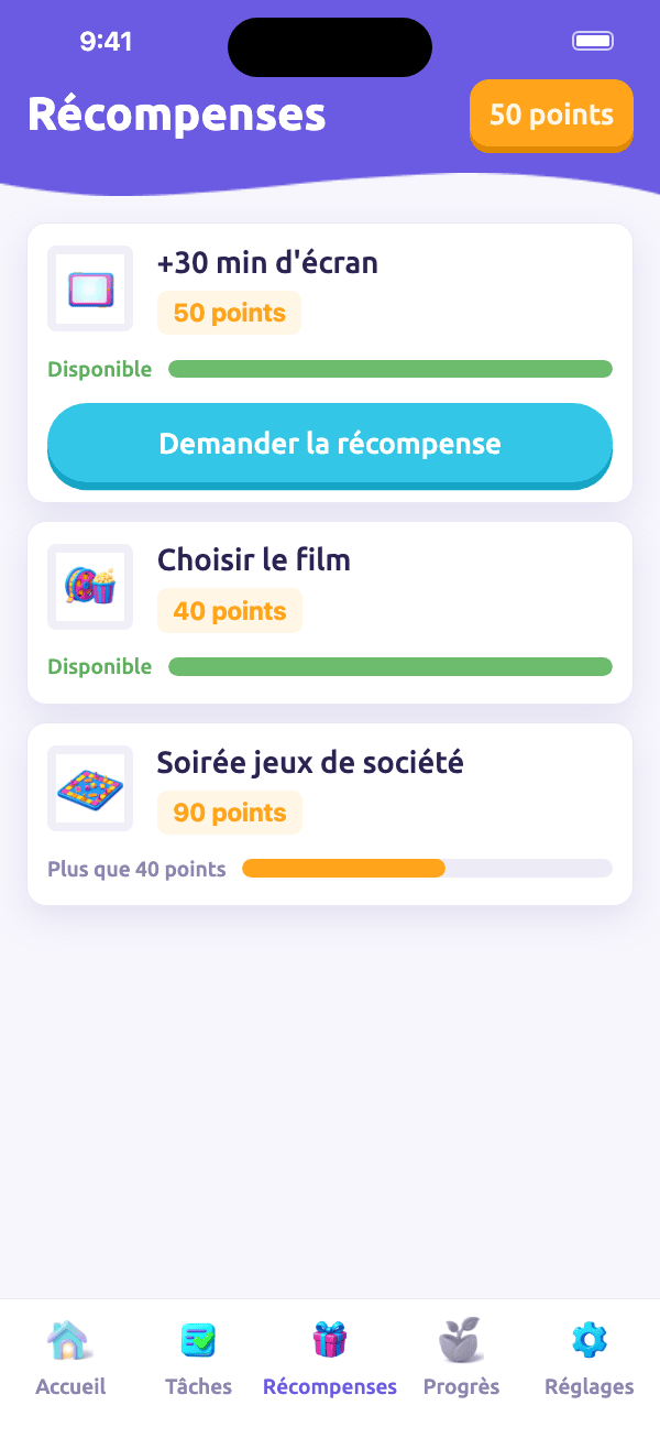 Téléphone enfant : +30 min de temps d'écran disponible, avec un bouton de demande de récompense