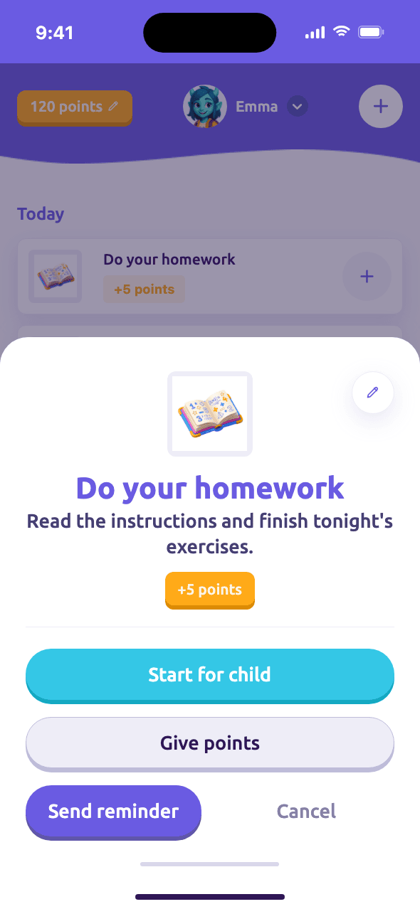 Parent view of a task with a Give points button