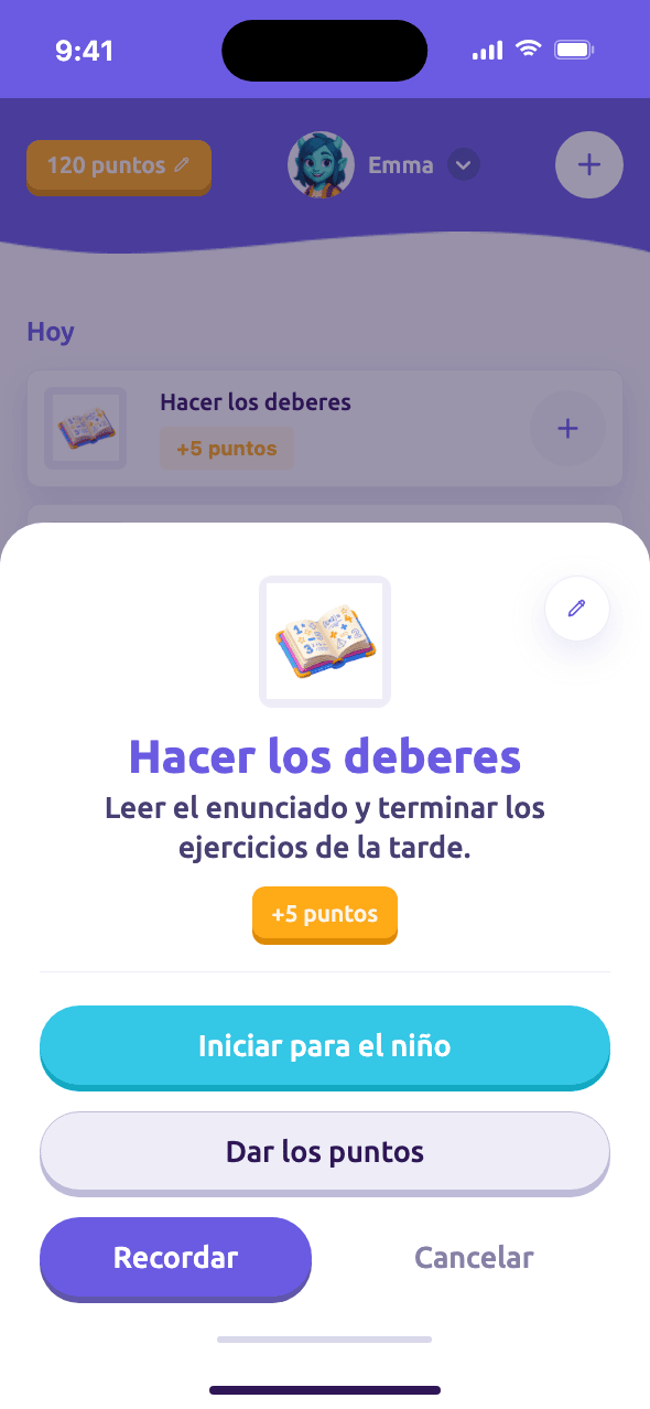 Vista de padres de una tarea con un botón de Otorgar puntos