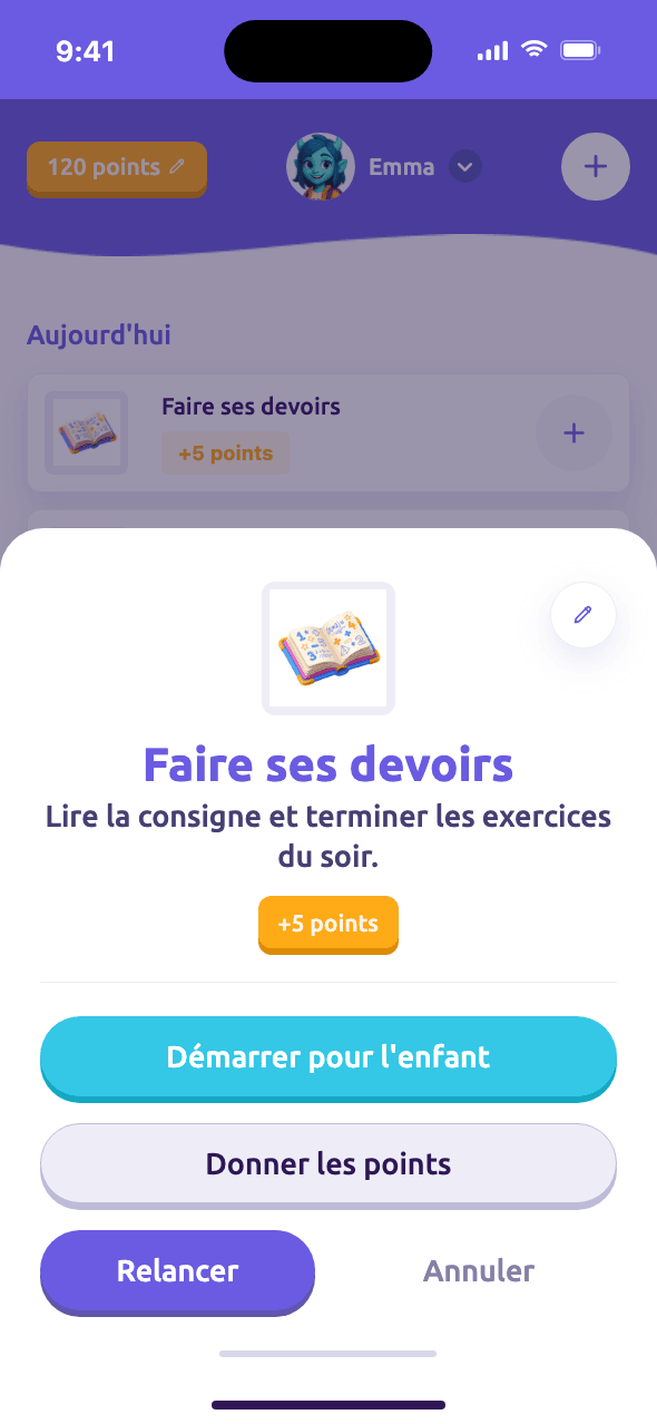 Vue parent d'une tâche avec un bouton Attribuer des points