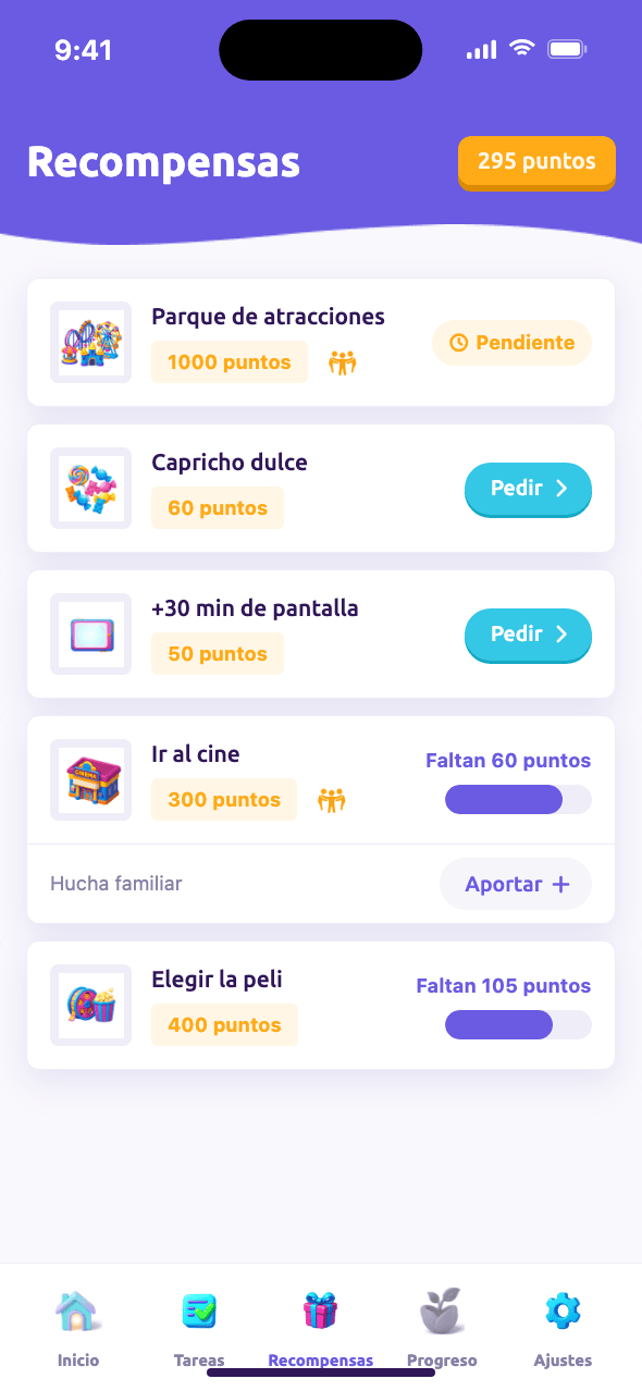 Pantalla de recompensas con medidores de progreso