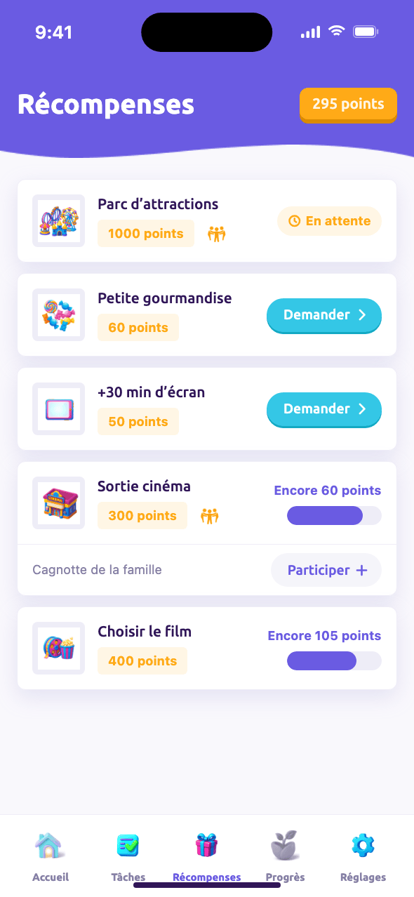 Écran des récompenses avec des jauges de progression
