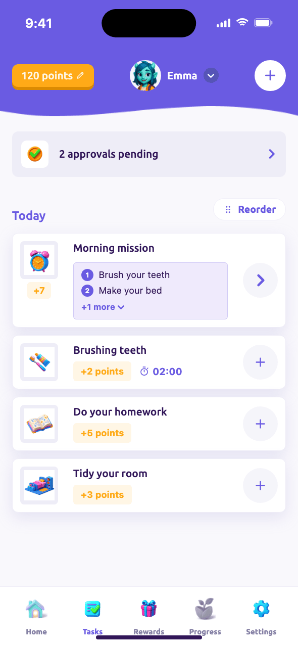 Parent task list with points per task