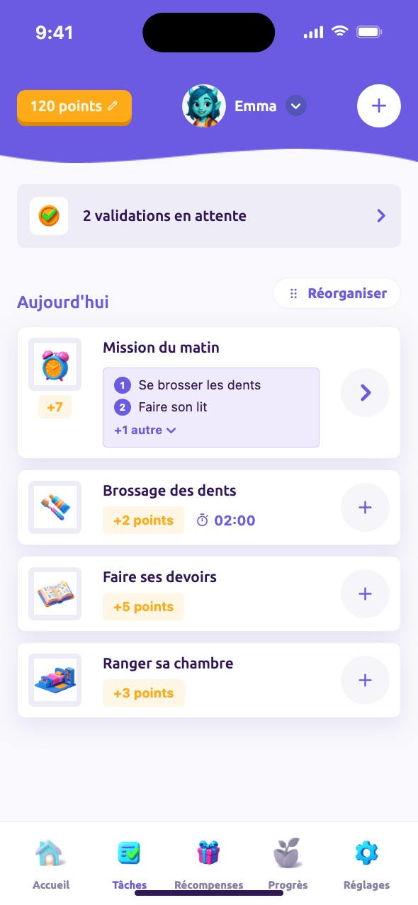 Liste des tâches pour les parents avec points par tâche