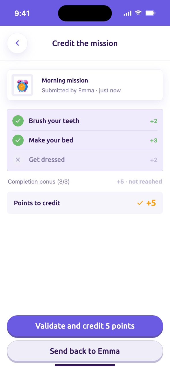 Credit the mission: morning mission, steps checked, points to credit