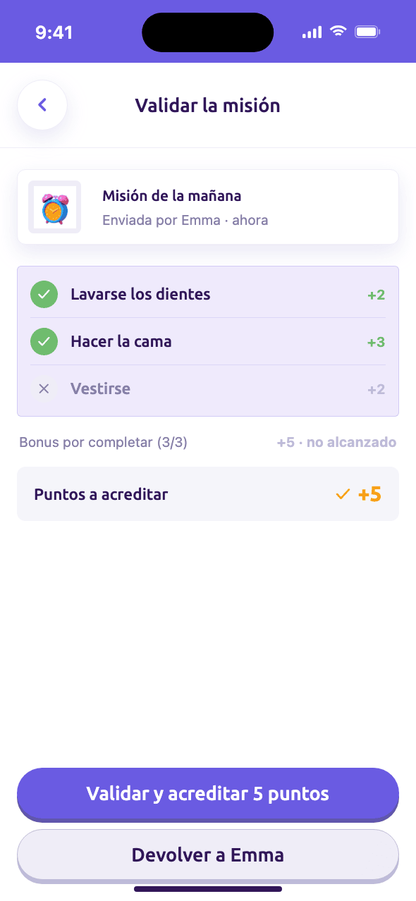Acreditar la misión: misión matutina, pasos verificados, puntos a acreditar