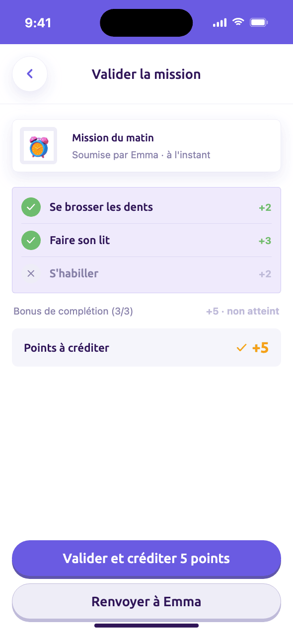 Créditer la mission : mission du matin, étapes vérifiées, points à créditer