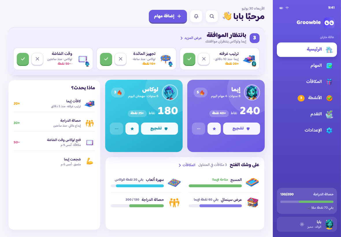الصفحة الرئيسية للآباء على الجهاز اللوحي