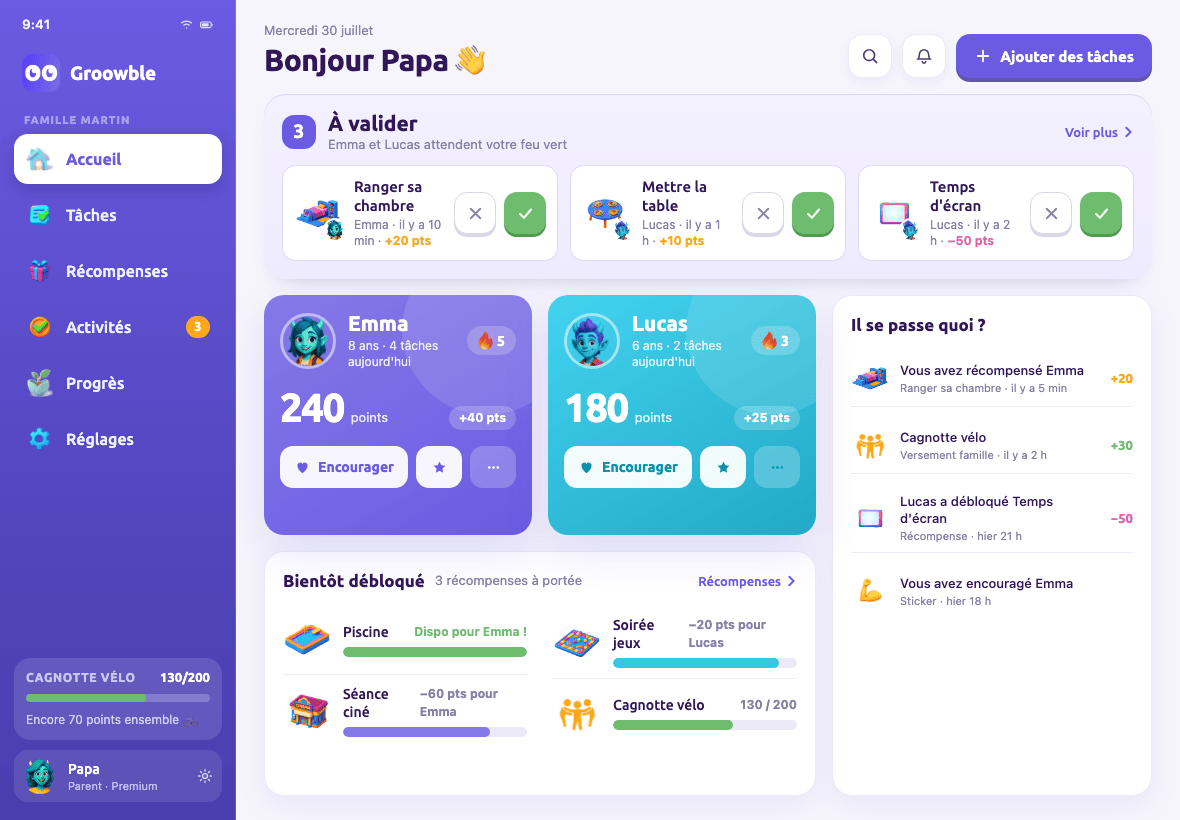 Accueil parent sur tablette