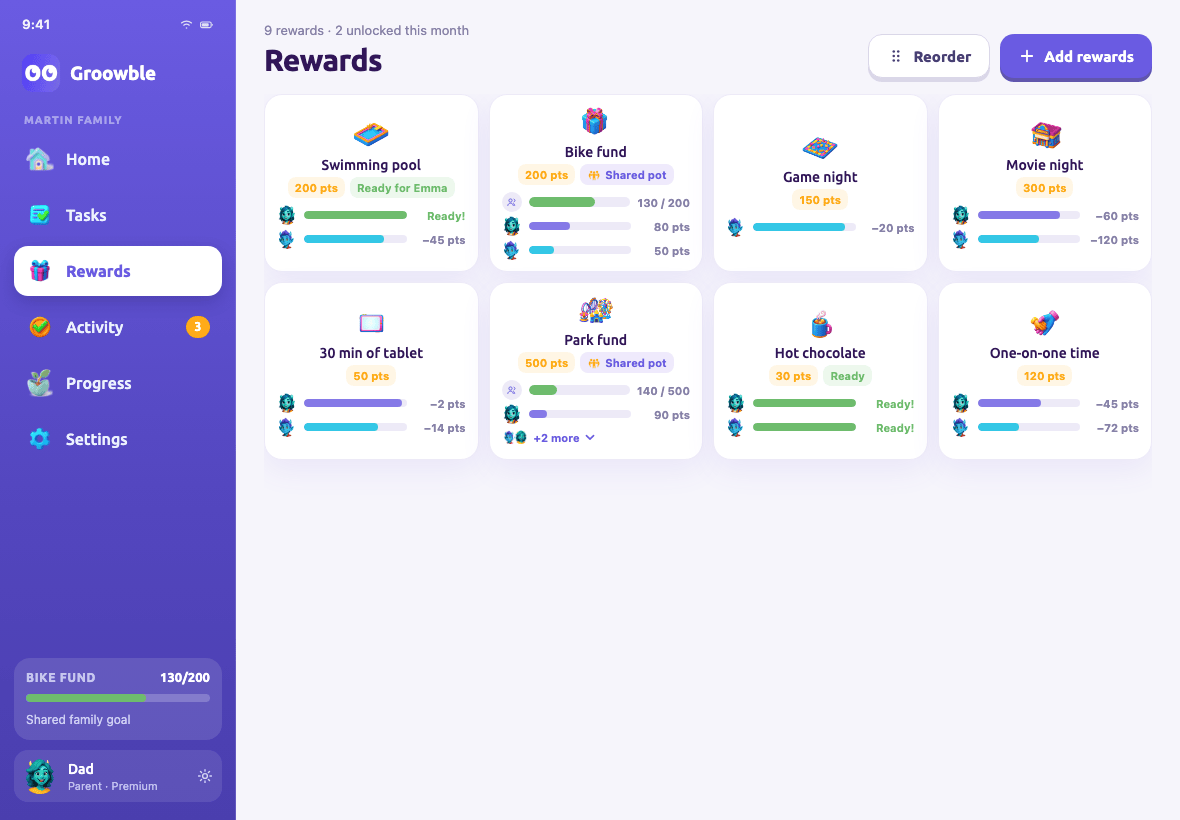 Rewards on tablet: family pots and rewards with each child's progress