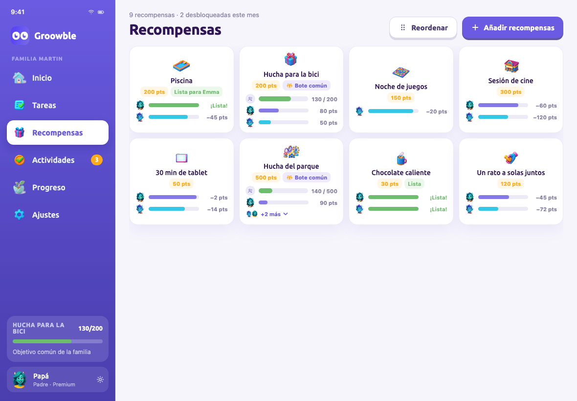 Recompensas en tablet: tarros familiares y recompensas con el progreso de cada niño