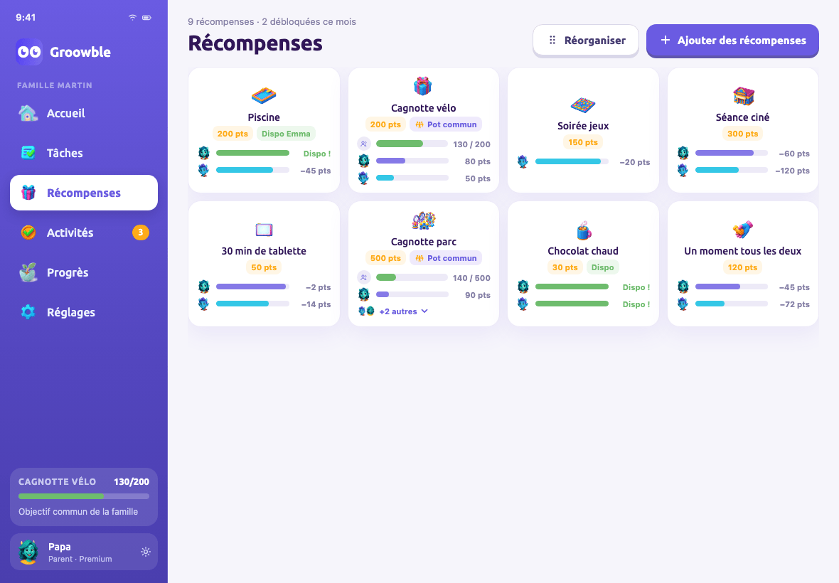 Récompenses sur tablette : pots familiaux et récompenses avec les progrès de chaque enfant