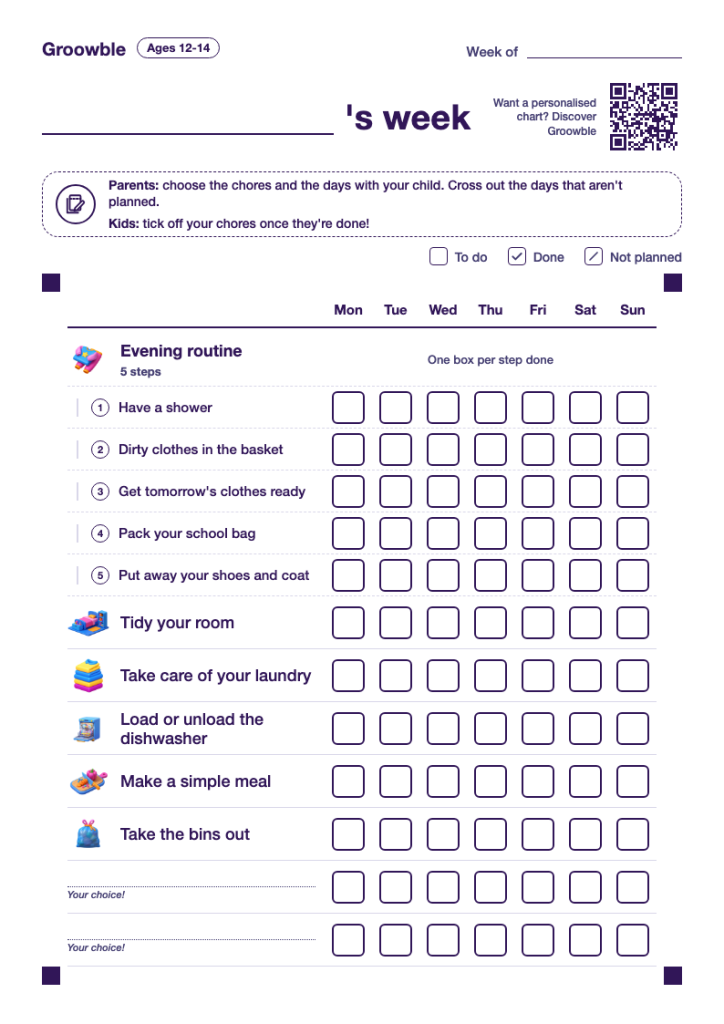 Printable chore chart for ages 12 to 14, with an evening routine and bigger responsibilities.
