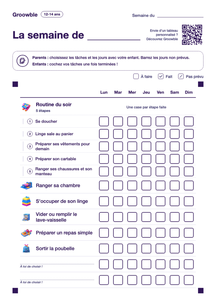 Tableau des tâches à imprimer pour les 12 à 14 ans, avec une routine du soir et davantage de responsabilités.
