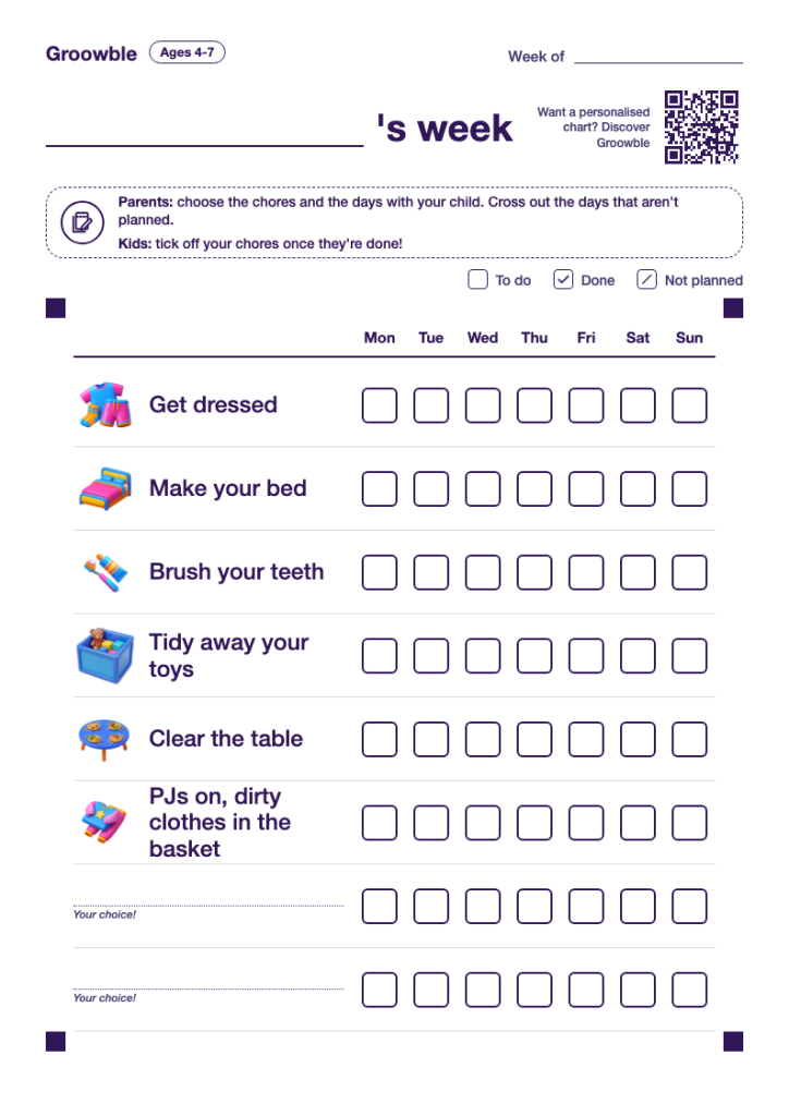 Printable chore chart for ages 4 to 7, with illustrated everyday tasks and a box for each day of the week.