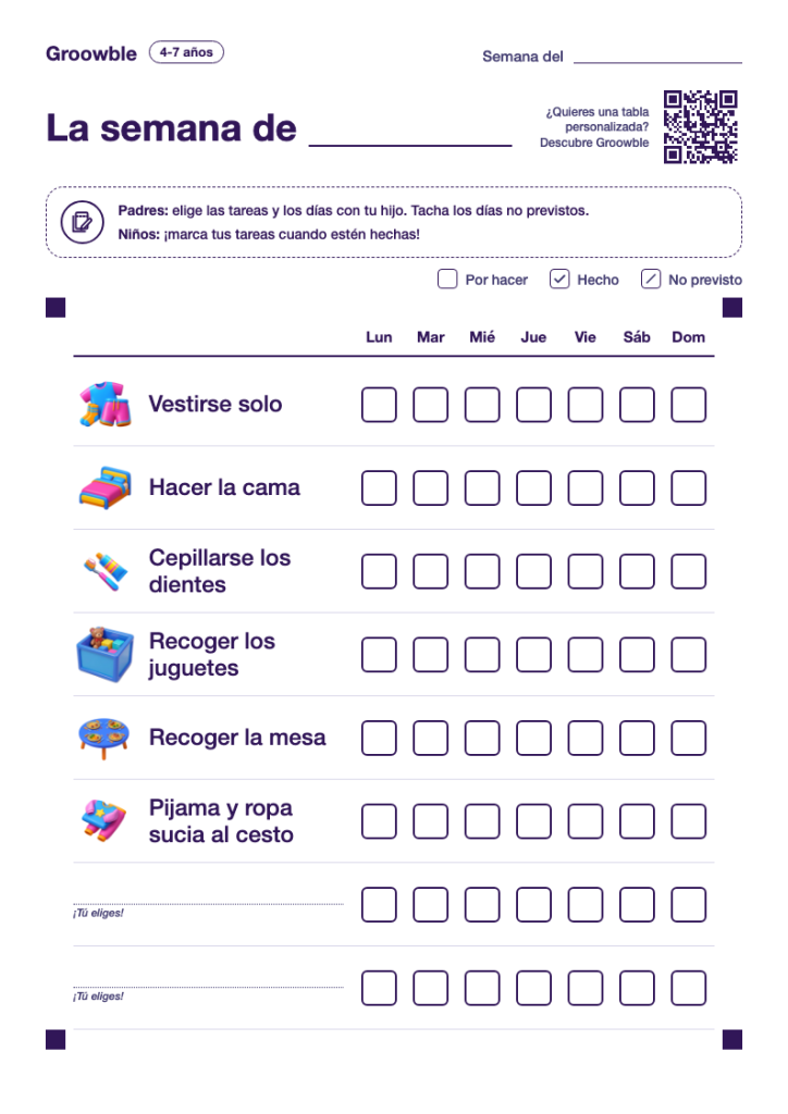Tabla de tareas para imprimir para niños de 4 a 7 años, con tareas ilustradas y una casilla para cada día de la semana.