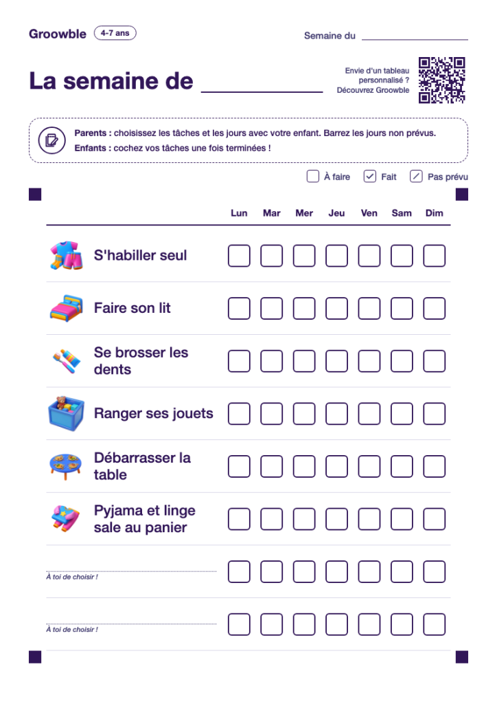 Tableau des tâches à imprimer pour les 4 à 7 ans, avec des tâches illustrées et une case pour chaque jour de la semaine.