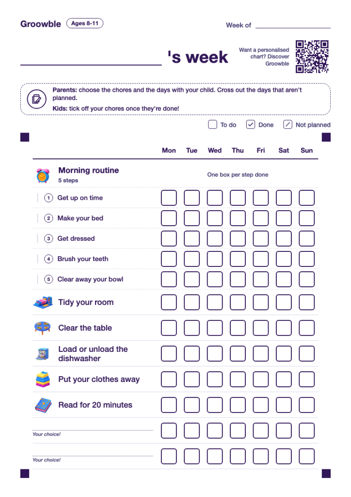 Printable chore chart for ages 8 to 11, with a step-by-step morning routine and tasks that build independence.