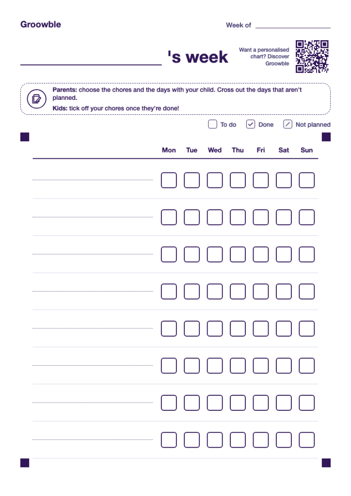 Blank printable chore chart with eight empty rows and a box for each day of the week.