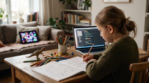A child sketches a video game in a notebook next to a laptop showing code, with a tablet left on the sofa behind her
