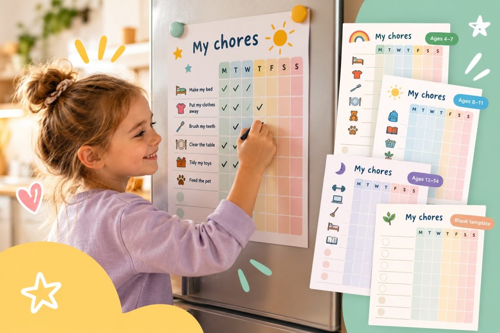 Tablas de tareas semanales para imprimir gratis para niños de 4 a 14 años, con tareas adaptadas a cada edad y una casilla por día.